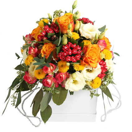 Flower delivery Latvia. Vibrant flower arrangement of pink spray roses, white lisianthus, yellow roses and chrysanthemums