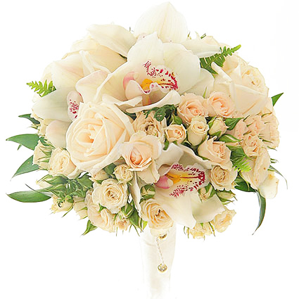 Ziedu piegāde Latvijā. Līgavas pušķis no rozā sprejrozēm un baltiem orhideju ziediem.