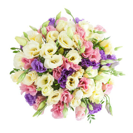 Flowers delivery. Lovely floral bouquet of 25 white, pink and blue lisinathus.