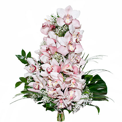Ziedi ar piegādi. Pasakaini grezns ziedu pušķis no maigi rozā orhidejām, baltas plīvurpuķes un dekoratīviem