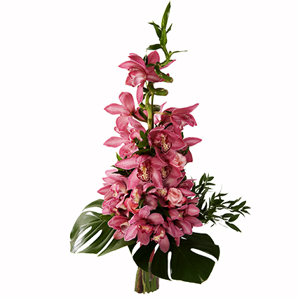 Flowers. Bouquet of pink orchids,  pink roses, bamboo and decorative foliage.