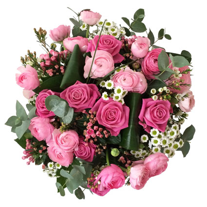Flower delivery Latvia. Romantic bouquet of pink roses, pink ranunculus, pink bouvardia, wax flower, decorative foliage.