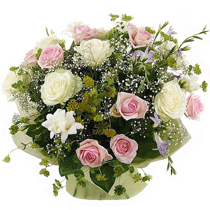 Flowers delivery. Bouquet for charming smile owner. Bouquet of pink and white roses, blue and white freesias