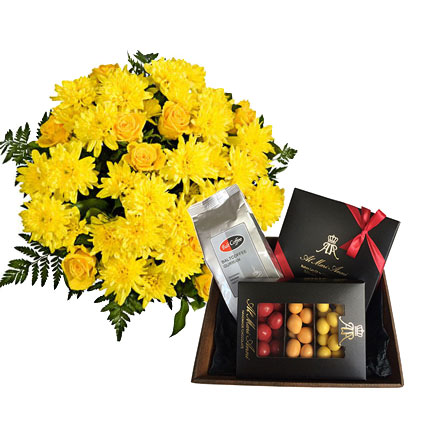 Yellow roses with yellow chrysanthemums, "AL MARI ANNI" Chocolate Truffles (raspberry, caramel, pistachio 135 g), chocolate dragees