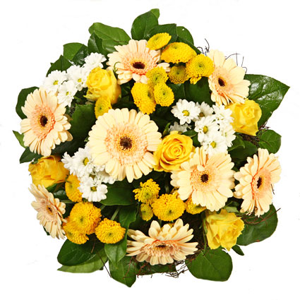 Flowers. Sunny bouquet of yellow roses, ivory gerberas, yellow and white chrysanthemums, decorative foliage.